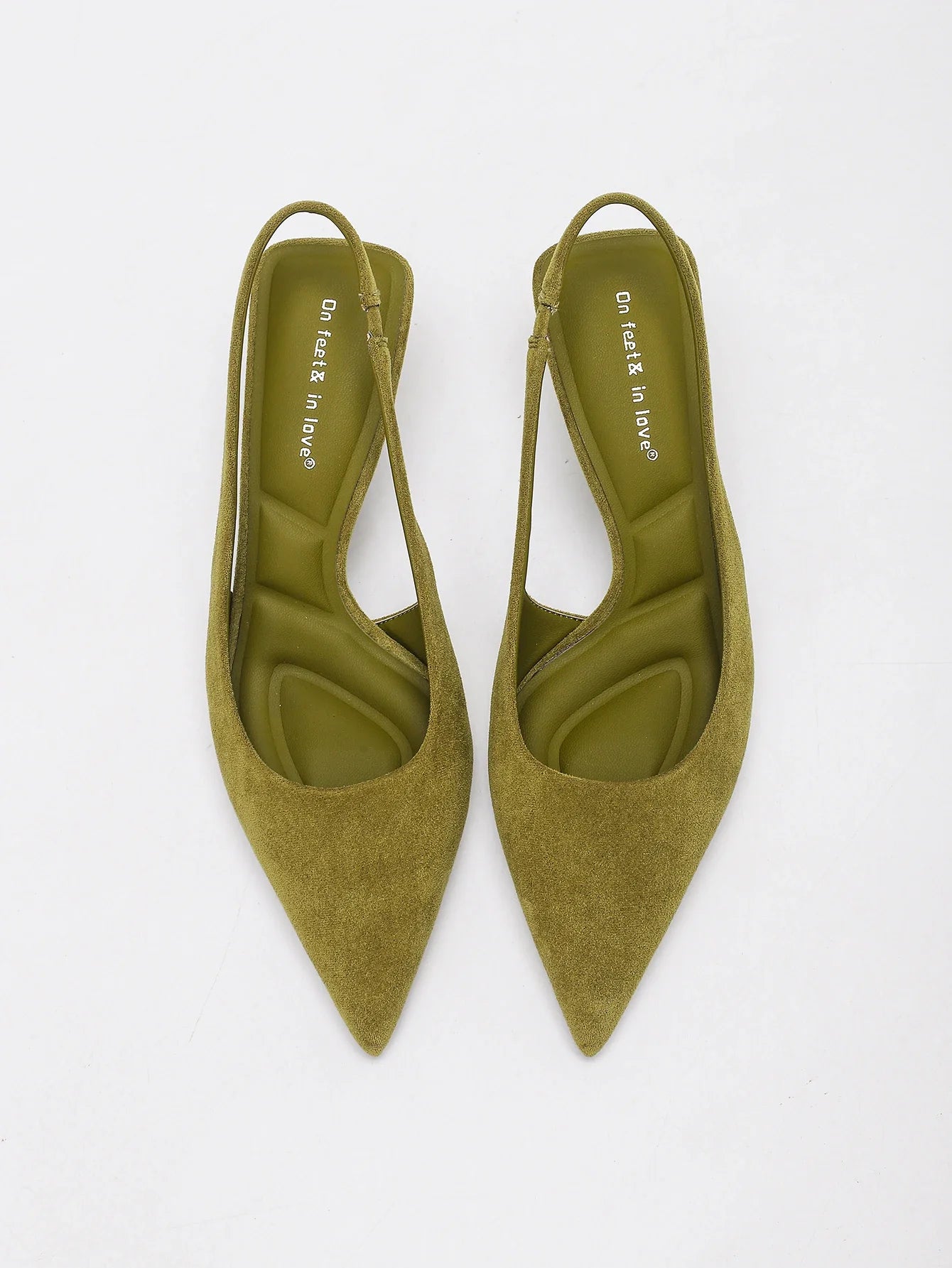 OLIVE GREEN FAUX SUEDE SLINGBACK KITTEN HEELS POINTED TOE LOW HEEL PUMPS ELEGANT DRESS PARTY OFFICE SHOES