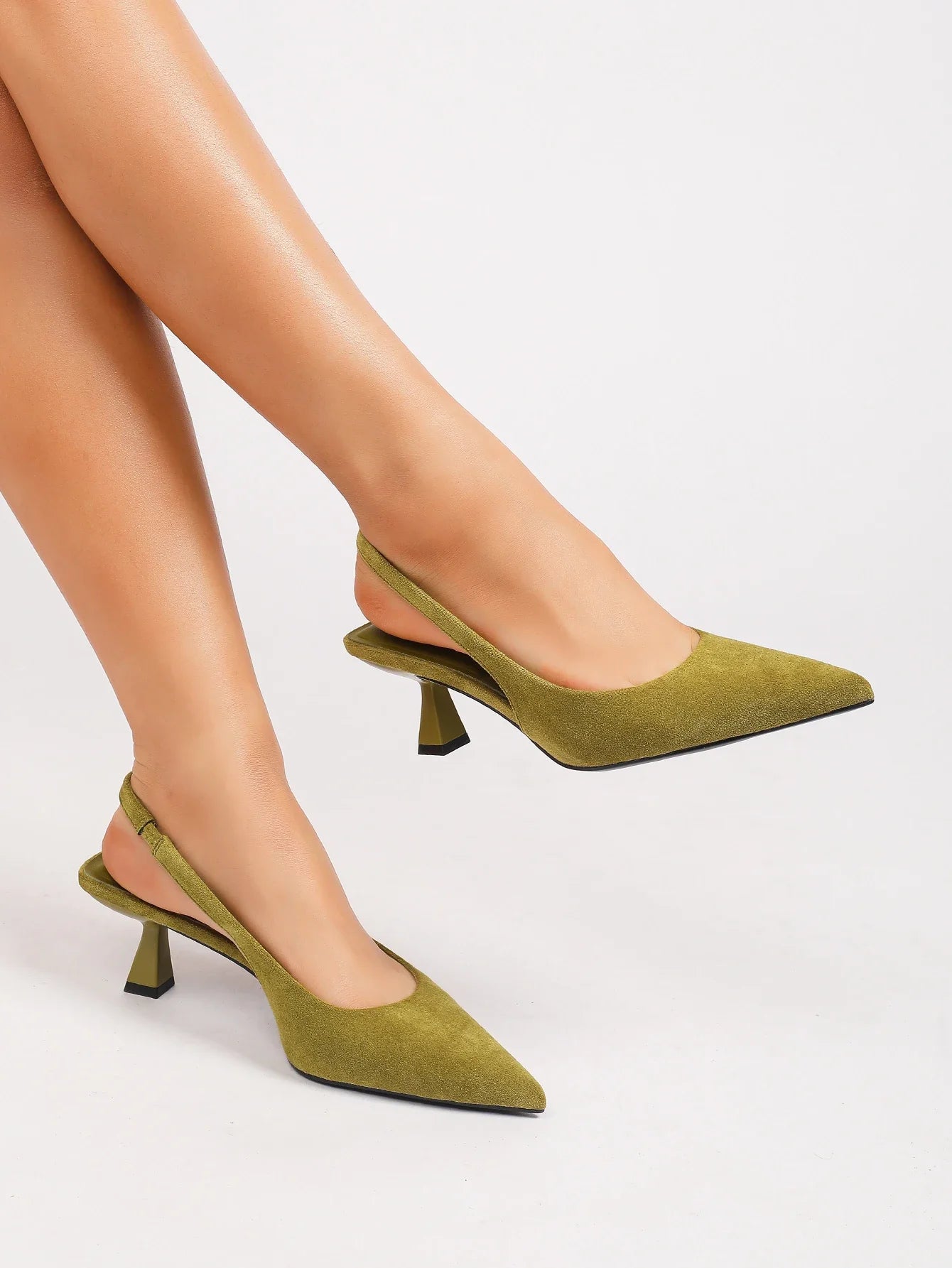 OLIVE GREEN FAUX SUEDE SLINGBACK KITTEN HEELS POINTED TOE LOW HEEL PUMPS ELEGANT DRESS PARTY OFFICE SHOES