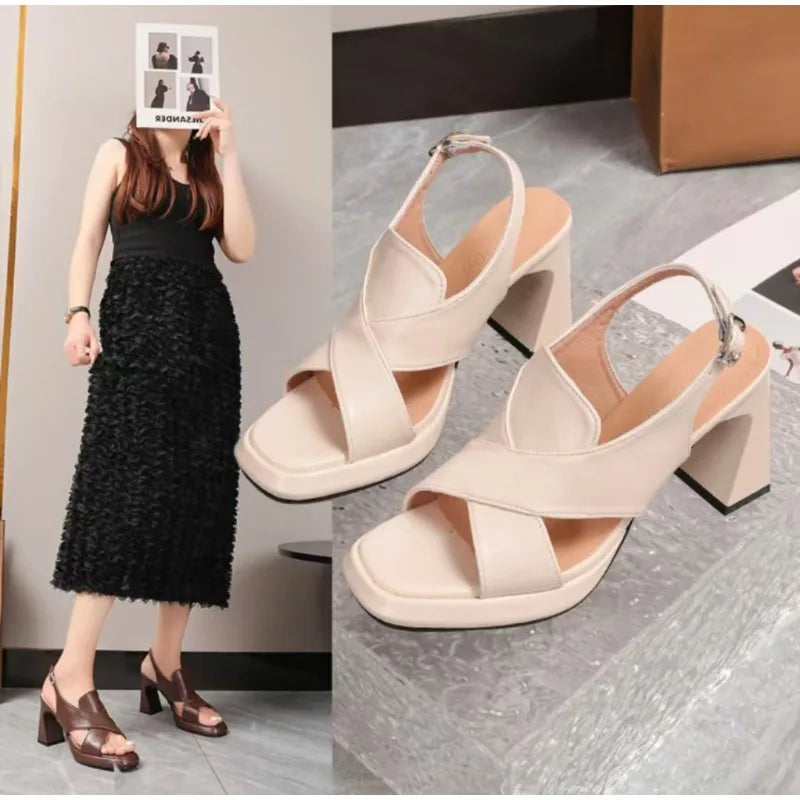 Waterproof platform open-toe high-heeled sandals sexy PU thick-soled chunky high-heeled shoes Large size 41