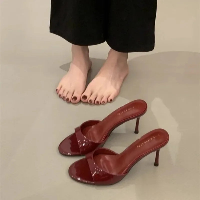Wine Red Patent Leather Slippers Sandals Round Open Toe Thin High Heels Mules Slides Party Dress Shoes