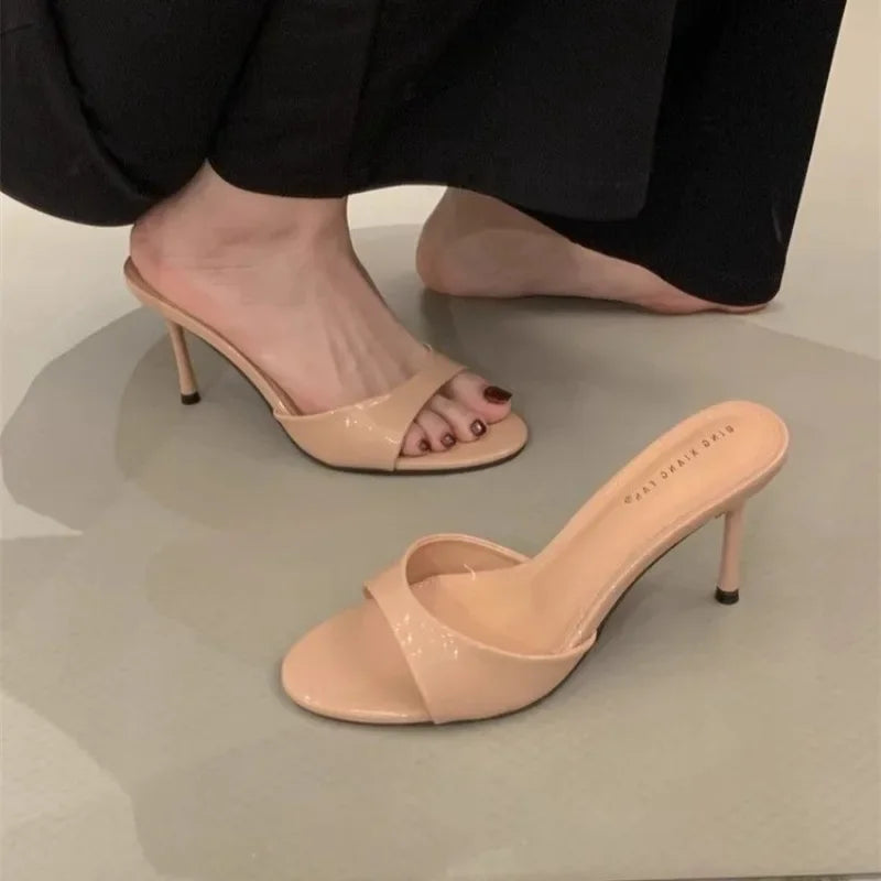 Wine Red Patent Leather Slippers Sandals Round Open Toe Thin High Heels Mules Slides Party Dress Shoes