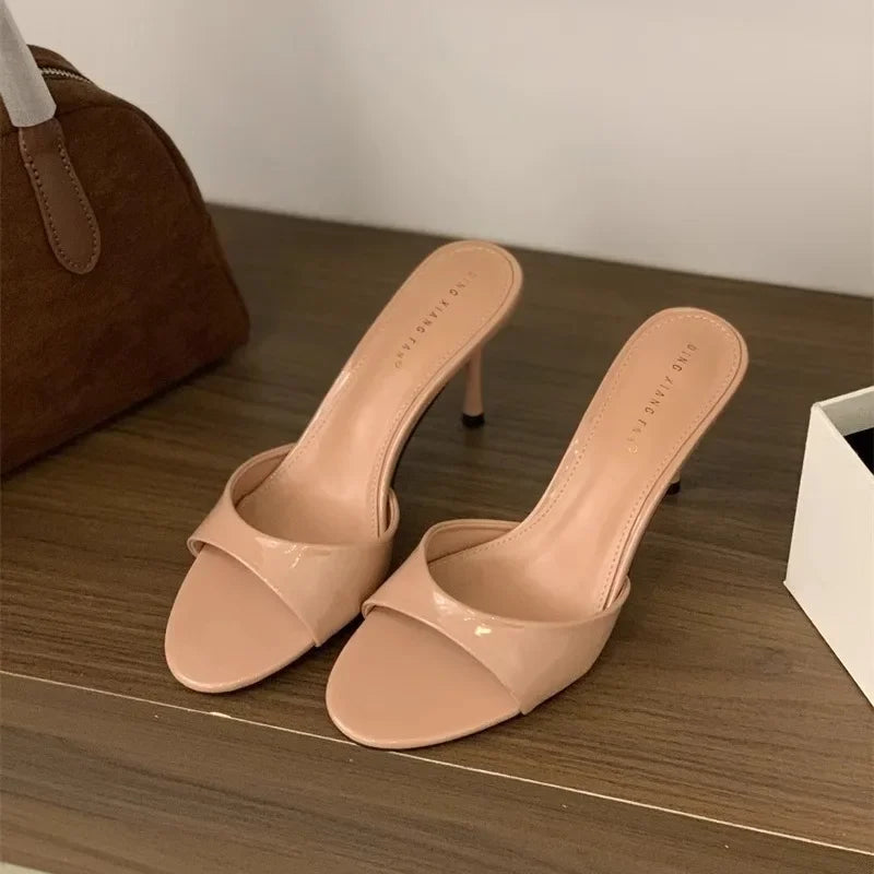 Wine Red Patent Leather Slippers Sandals Round Open Toe Thin High Heels Mules Slides Party Dress Shoes