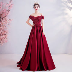 Wine Red Beaded and Lace Off Shoulder Long Party Dress