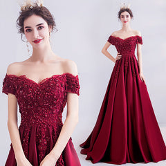 Wine Red Beaded and Lace Off Shoulder Long Party Dress