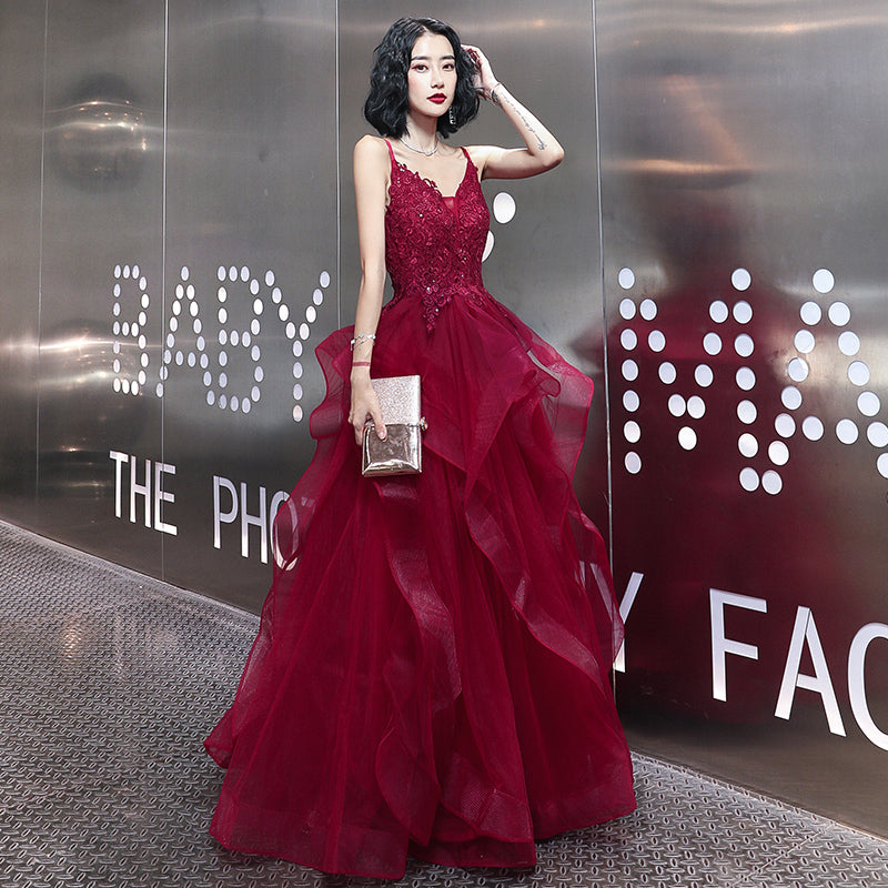Wine Red Lace Applique V-neckline Long Straps Formal Dress