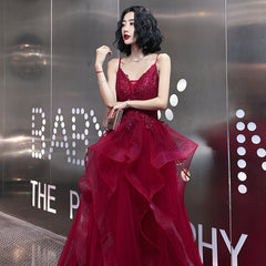 Wine Red Lace Applique V-neckline Long Straps Formal Dress