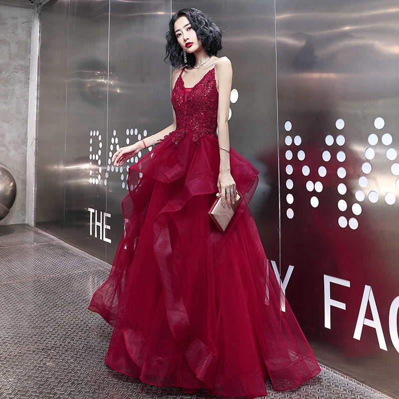 Wine Red Lace Applique V-neckline Long Straps Formal Dress