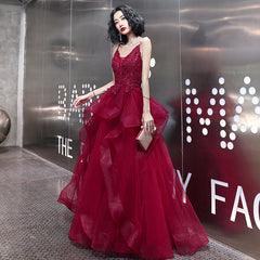 Wine Red Lace Applique V-neckline Long Straps Formal Dress