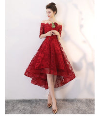 Wine Red Lace High Low Lovely Short Off Shoulder Party Dress