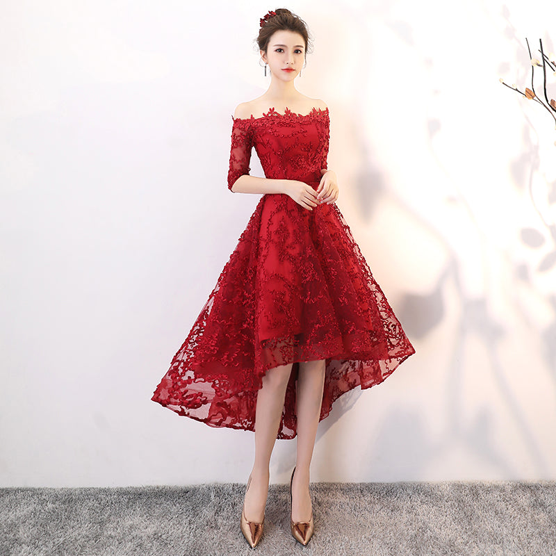 Wine Red Lace High Low Lovely Short Off Shoulder Party Dress