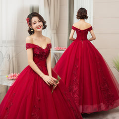 Vestido de quinceañera de encaje con hombros descubiertos en color rojo vino para fiesta de dulces 16 