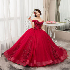 Vestido de quinceañera de encaje con hombros descubiertos en color rojo vino para fiesta de dulces 16 