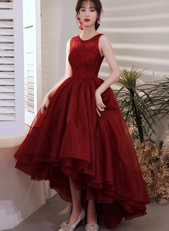 Wine Red Organza Lace High Low Chic Party Dresses Prom Dress