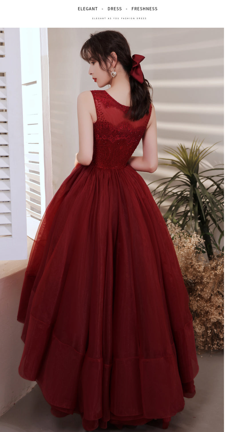 Wine Red Organza Lace High Low Chic Party Dresses Prom Dress
