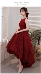 Wine Red Organza Lace High Low Chic Party Dresses Prom Dress
