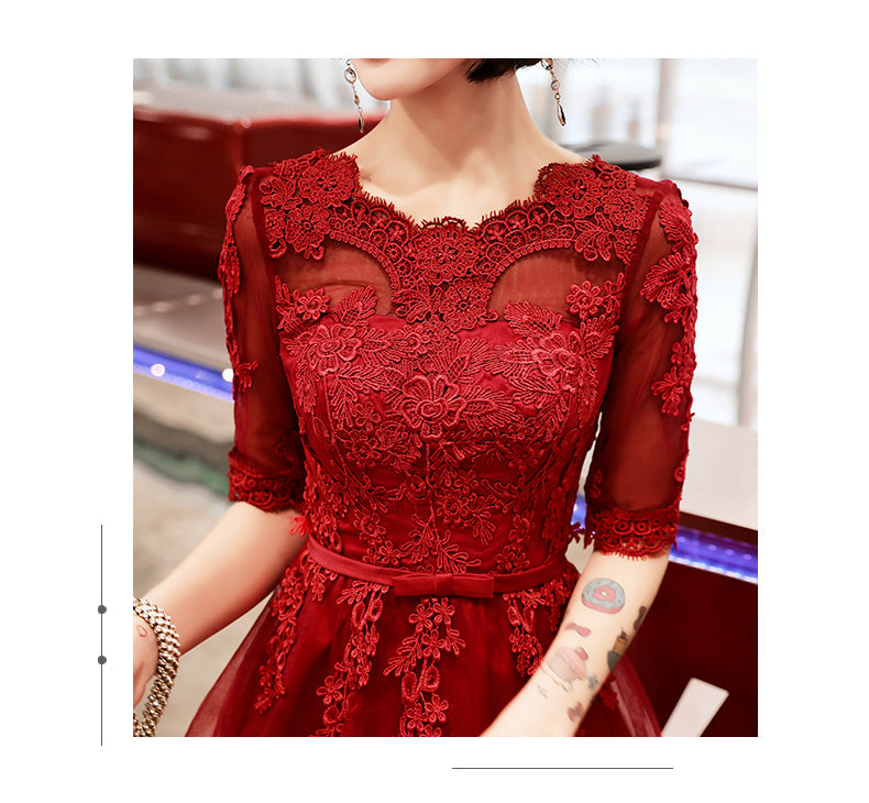 Wine Red Short Sleeves Lace and Tulle Lovely Homecoming Dress