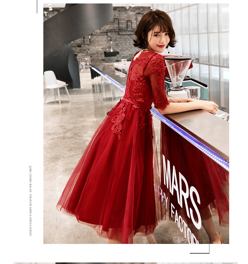 Wine Red Short Sleeves Lace and Tulle Lovely Homecoming Dress