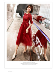 Wine Red Short Sleeves Lace and Tulle Lovely Homecoming Dress