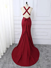 Vestido de fiesta largo de sirena con espalda cruzada y licra color rojo vino 