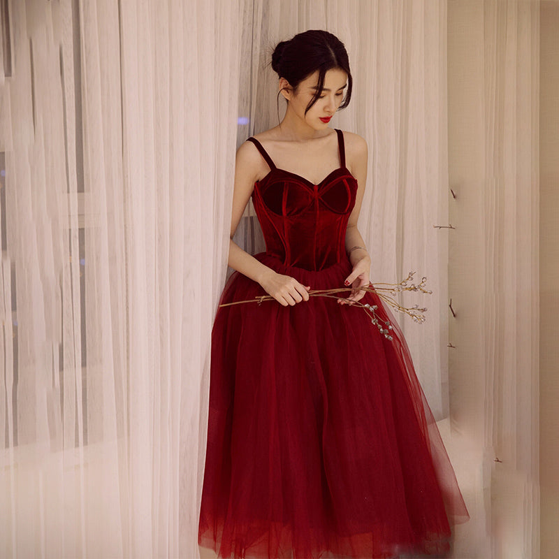 Wine Red Tea Length Velvet Top and Tulle Party Dress