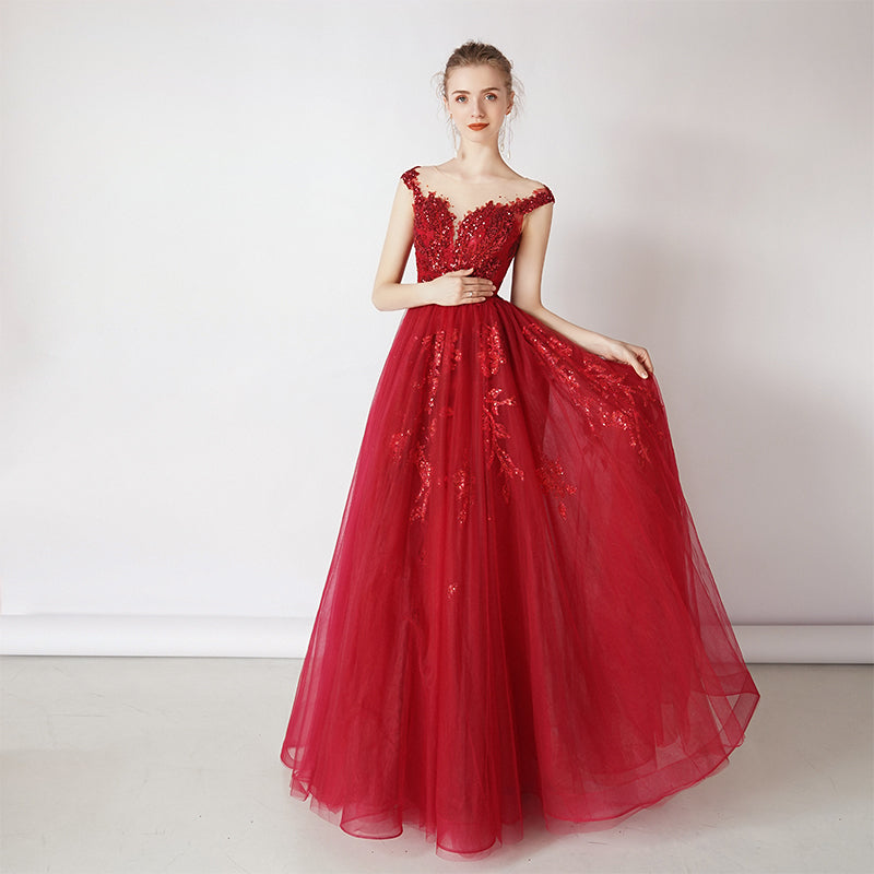 Wine Red Tulle Round Neckline Long Party Dress