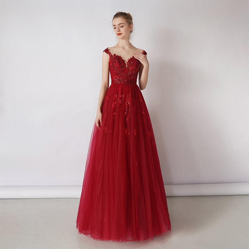 Wine Red Tulle Round Neckline Long Party Dress