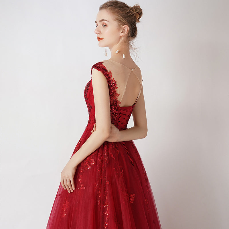 Wine Red Tulle Round Neckline Long Party Dress