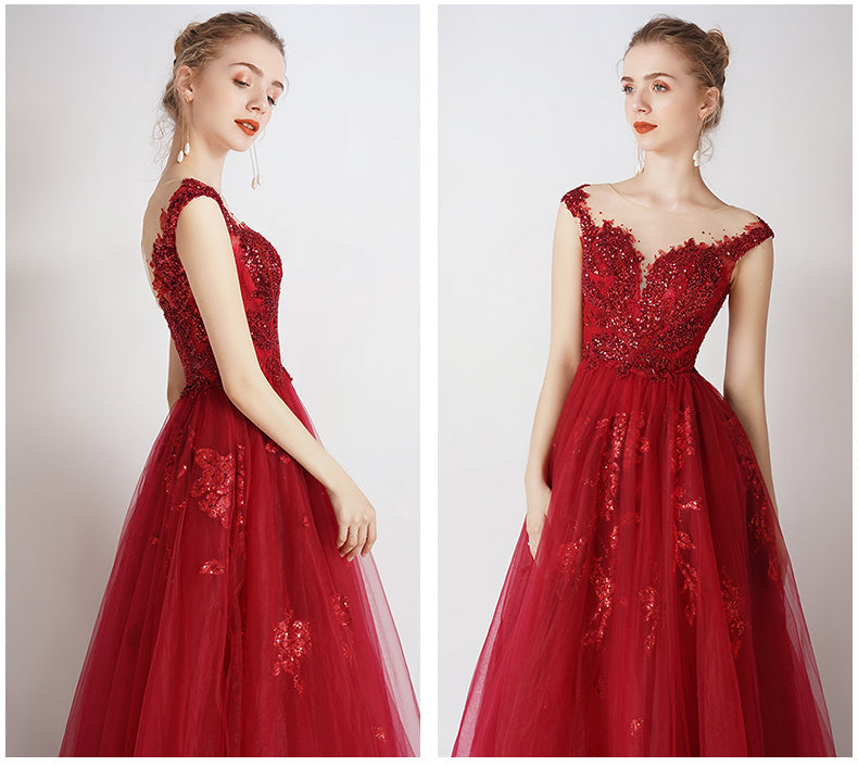 Wine Red Tulle Round Neckline Long Party Dress