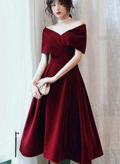 Wine Red Velvet Tea Length Homecoming Dress