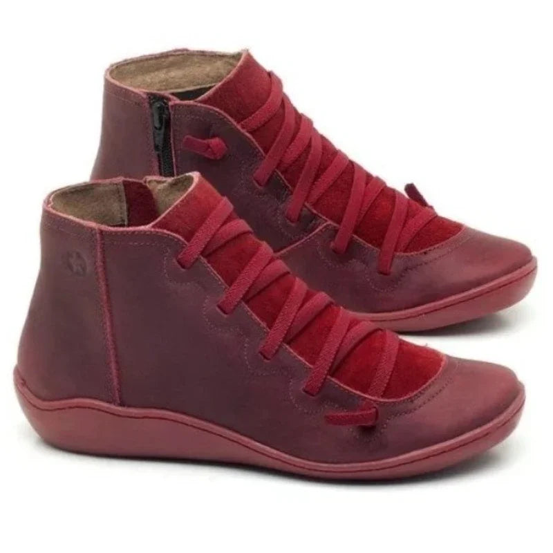 Leather Ankle Snow Boots Woman Flat Shoes Short Vintage Boots with Fur Female Lace Up Boots