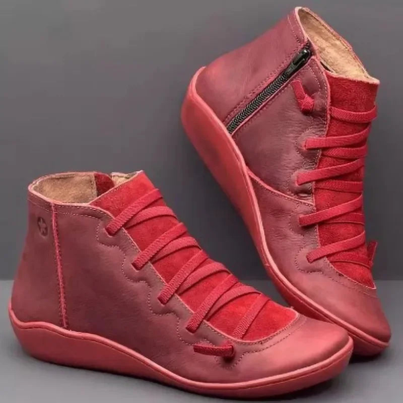 Leather Ankle Snow Boots Woman Flat Shoes Short Vintage Boots with Fur Female Lace Up Boots