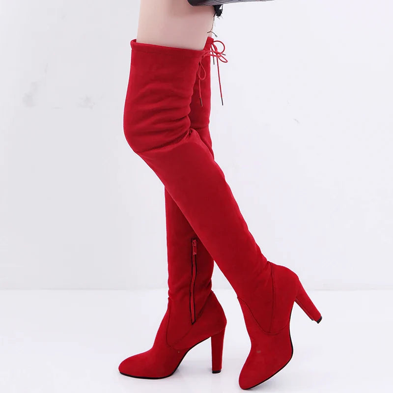 Over The Knee Boots Stretch Fabrics High Heel Slip on Shoes Pointed Toe Woman Long Boots Size Plus Size 43