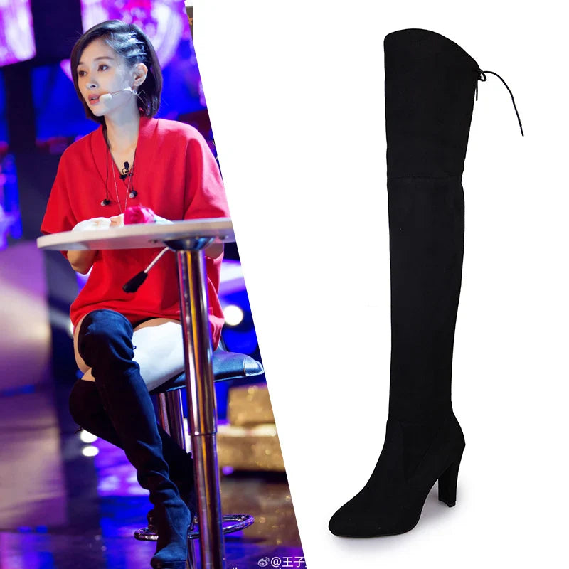 Over The Knee Boots Stretch Fabrics High Heel Slip on Shoes Pointed Toe Woman Long Boots Size Plus Size 43