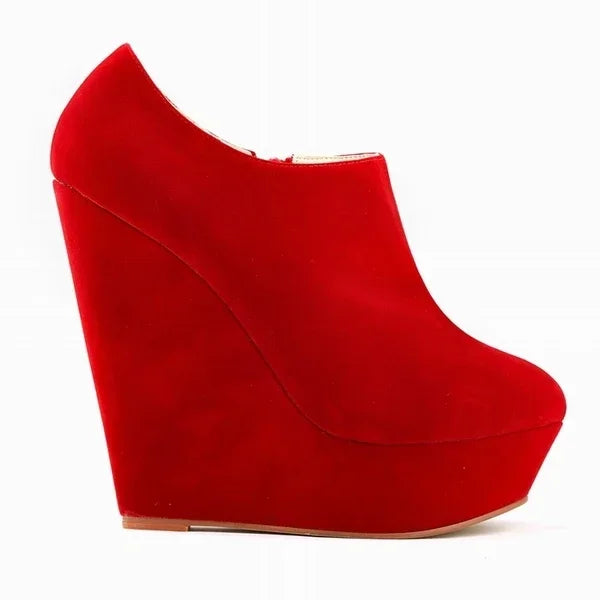Woman Flock Leather Ankle Boots 14cm Super High Heels Shoes Wedges Platform Zipper Short Boots Shoes Plus Size