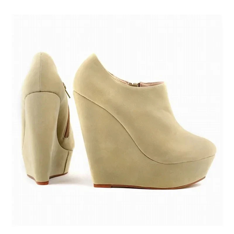Woman Flock Leather Ankle Boots 14cm Super High Heels Shoes Wedges Platform Zipper Short Boots Shoes Plus Size