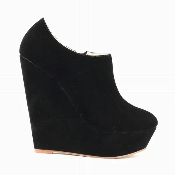 Woman Flock Leather Ankle Boots 14cm Super High Heels Shoes Wedges Platform Zipper Short Boots Shoes Plus Size