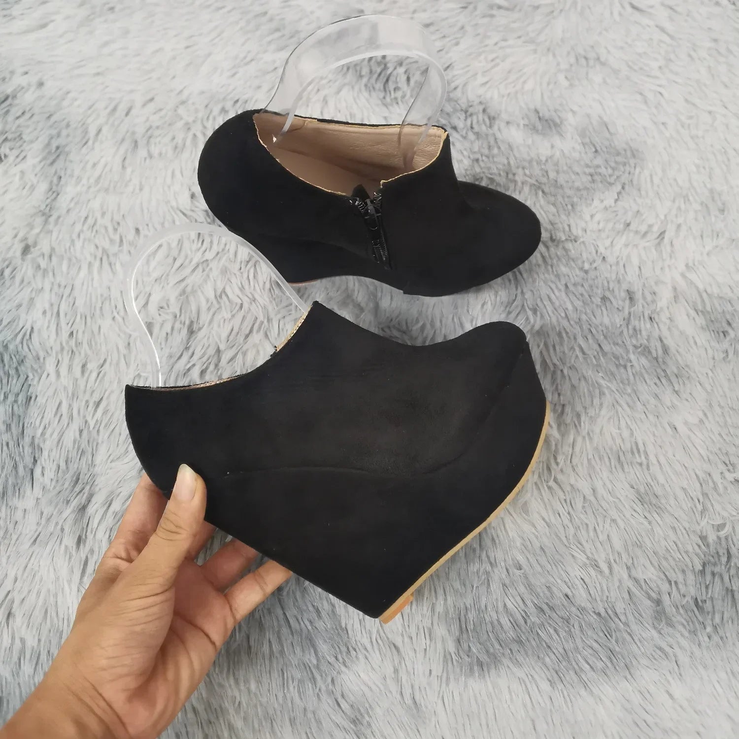 Woman Flock Leather Ankle Boots 14cm Super High Heels Shoes Wedges Platform Zipper Short Boots Shoes Plus Size