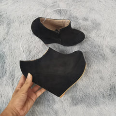 Woman Flock Leather Ankle Boots 14cm Super High Heels Shoes Wedges Platform Zipper Short Boots Shoes Plus Size