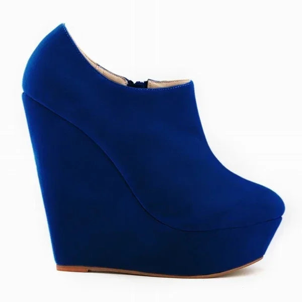 Woman Flock Leather Ankle Boots 14cm Super High Heels Shoes Wedges Platform Zipper Short Boots Shoes Plus Size