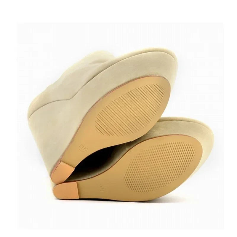 Woman Flock Leather Ankle Boots 14cm Super High Heels Shoes Wedges Platform Zipper Short Boots Shoes Plus Size