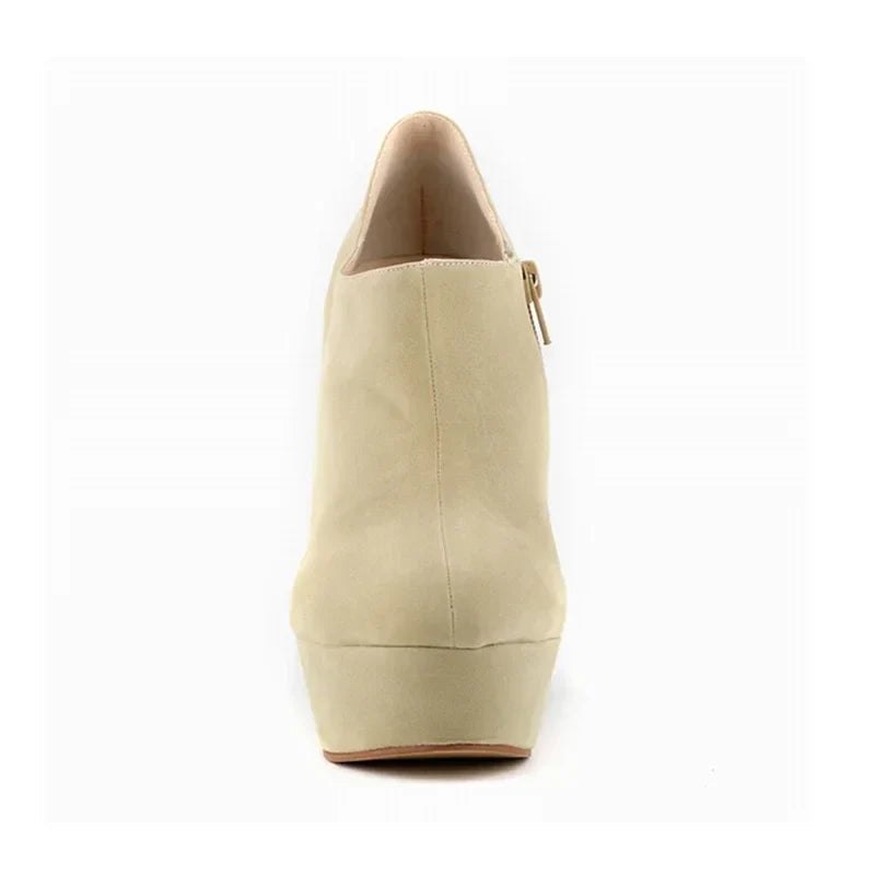 Woman Flock Leather Ankle Boots 14cm Super High Heels Shoes Wedges Platform Zipper Short Boots Shoes Plus Size