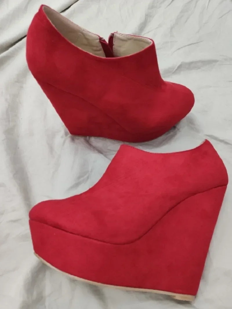Woman Flock Leather Ankle Boots 14cm Super High Heels Shoes Wedges Platform Zipper Short Boots Shoes Plus Size