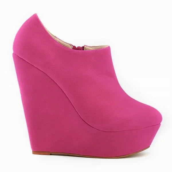 Woman Flock Leather Ankle Boots 14cm Super High Heels Shoes Wedges Platform Zipper Short Boots Shoes Plus Size