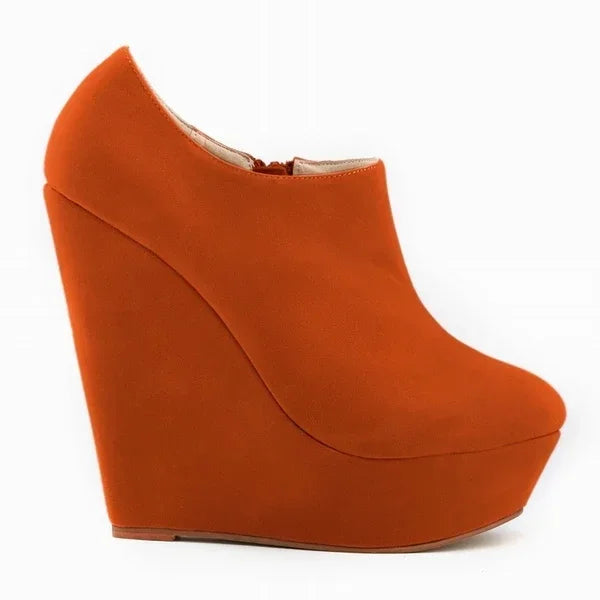 Woman Flock Leather Ankle Boots 14cm Super High Heels Shoes Wedges Platform Zipper Short Boots Shoes Plus Size