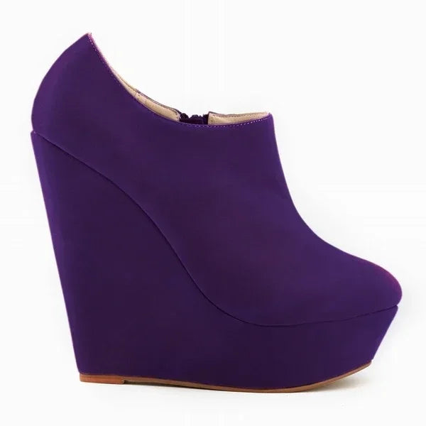 Woman Flock Leather Ankle Boots 14cm Super High Heels Shoes Wedges Platform Zipper Short Boots Shoes Plus Size