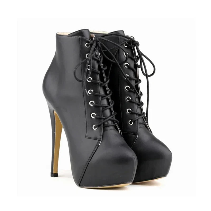 Ankle Boots Autumn Sexy Round Toe Pole Dance High Heels Pumps Zip Lace-Up Chelsea Shoes Female Big Size 43