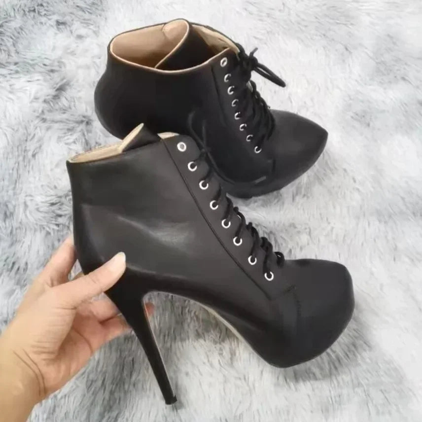 Ankle Boots Autumn Sexy Round Toe Pole Dance High Heels Pumps Zip Lace-Up Chelsea Shoes Female Big Size 43