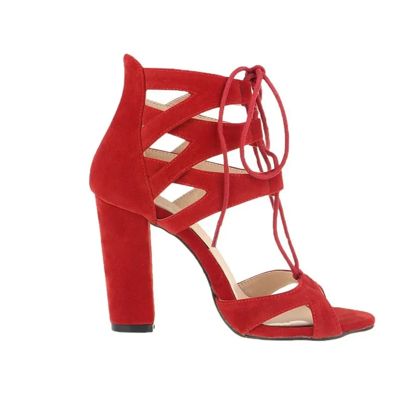Ankle Strap Sandals Faux Velvet Open Toe Square High Heels Party Dress Red Wedding Jazz Dance Shoes