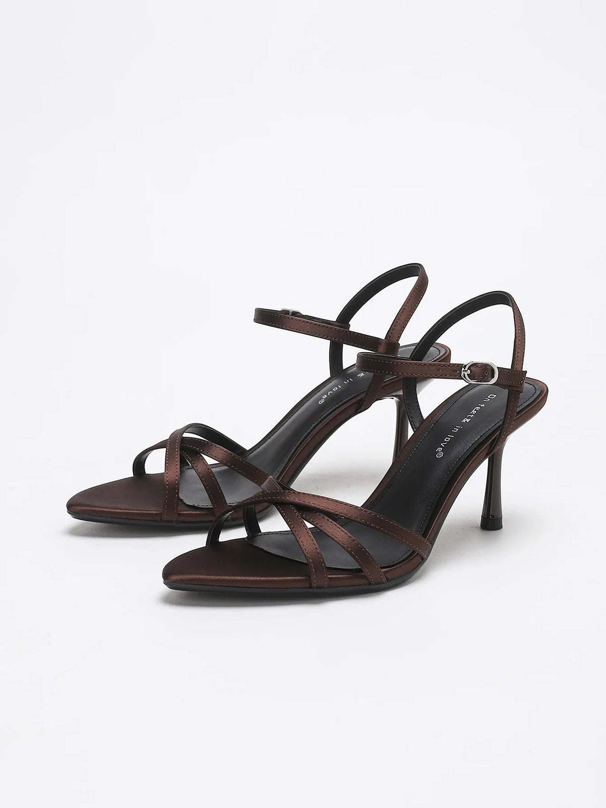 Brown Cross Strap Stiletto HeelSandals Ankle Buckle Elegant SatinEvening Party Heeled Shoes