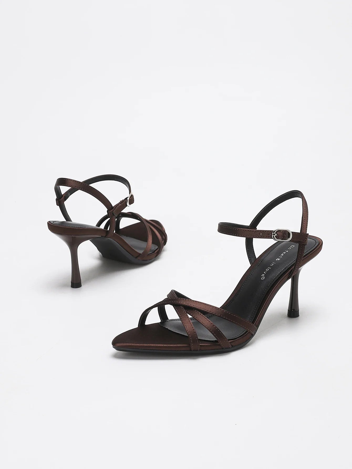 Brown Cross Strap Stiletto HeelSandals Ankle Buckle Elegant SatinEvening Party Heeled Shoes